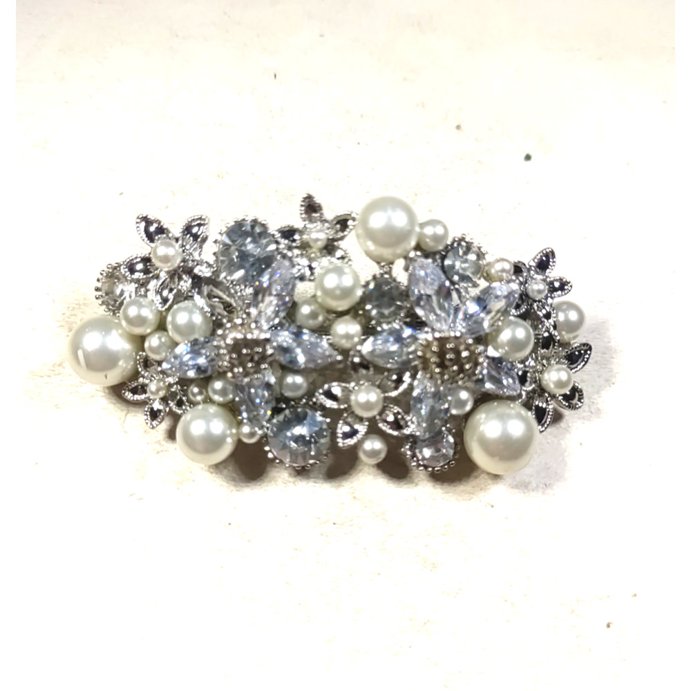 Hair Barrette Tension Clip Faux Pearls Rhinestone Silver Tone Elegant Church...